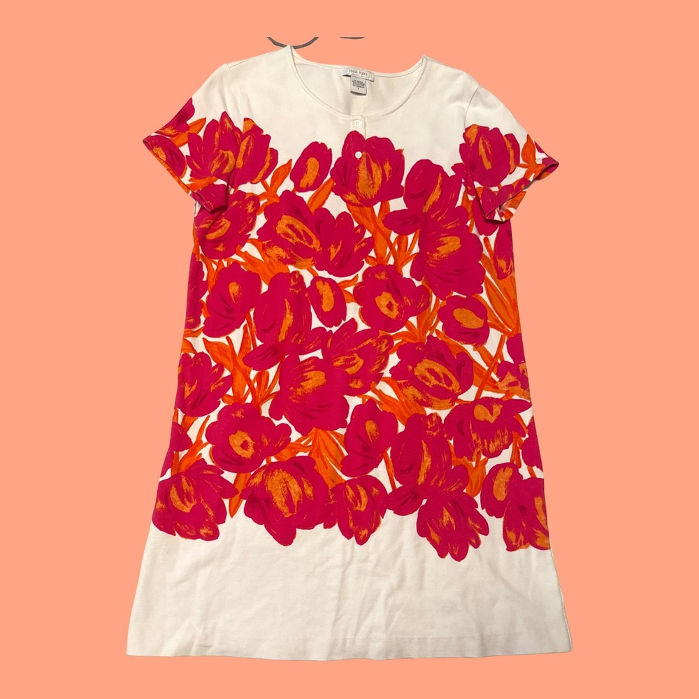 Joan Vass Floral Shift Dress L Pink Orange Tulip Cotton Mod Art Print